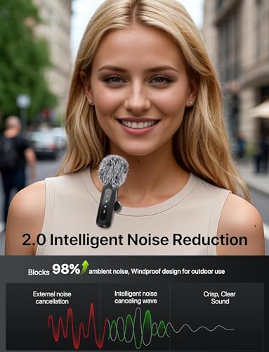 Wireless Lavalier Microphone for iPhone - Android and Laptop PC Mini Microphone with Noise Reduction, Auto Pairing and Mute & Reverb for Video Recording Interview Conference Podcast Vlog (2 Pack)