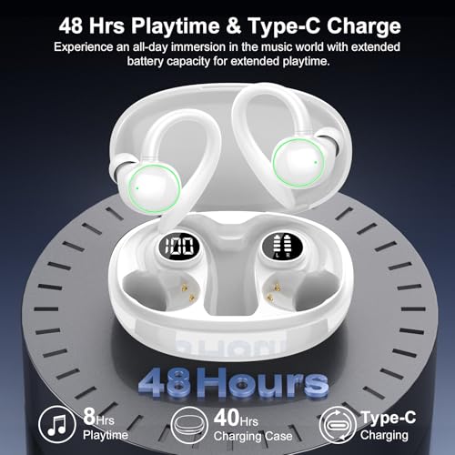 Wireless Earbuds, Bluetooth 5.4 Headphones Sport Over Ear Buds With ENC Mic | ENC Noise Cancelling Mic, 48H, Wireless Earphone With Earhooks, Stereo Deep Bass, IP7 Waterproof Headset for Workout, White - color: White