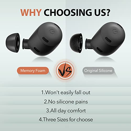 Memory Foam Tips for Google Pixel Buds Pro 1/2, Anti-Slip Replacement Ear Tips for Google True Wireless Earphones，Fit in The Charging Case, Perfect Noise Cancellation, 3 Pairs (Medium, Black) - size: Medium