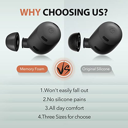 Memory Foam Tips for Google Pixel Buds Pro 1/2, Anti-Slip Replacement Ear Tips for Google True Wireless Earphones，Fit in The Charging Case, Perfect Noise Cancellation, 3 Pairs (Medium, Black) - size: Medium