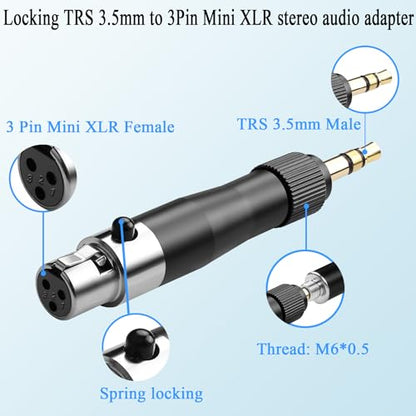 QIANRENON 3.5mm to Mini XLR Headset Adapter Lockable TRS 3.5mm Male to 3Pin Mini XLR Female Microphone Beltpack Connector Locking 1/8 to Mini XLR Balanced Audio Converter, for Wireless Mic Camcorder - style: F-M
