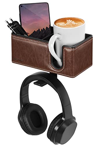 Under Desk Cup Holder Clamp on Cup Holder PU Leather Clip on Desk Organizer | Desk organizer with pencil holder clamp on side, under desk hanging organizer, clip on cup holder desk phone stand holder PU - color: Brown
