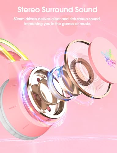 Lightweight Gaming Headset, RGB Lighting, Wired Over Ear Headphones with Mic for PC, PS4, PS5, Xbox, Switch, Stereo Surround Sound, Self-Adjusting Headband, Pink Deer Ear - color: Pink Deer Ear