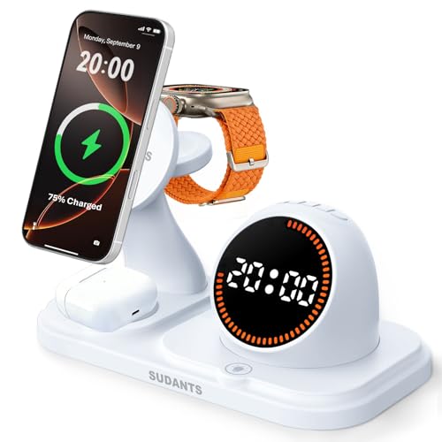 Wireless Charging Station with Clock,6-in-1 Charging Stand | For Multiple Devices for iPhone 17 16 15 14 13 12 Series, Apple Watch, Airpods, Bluetooth Speaker + RGB Light - color: White