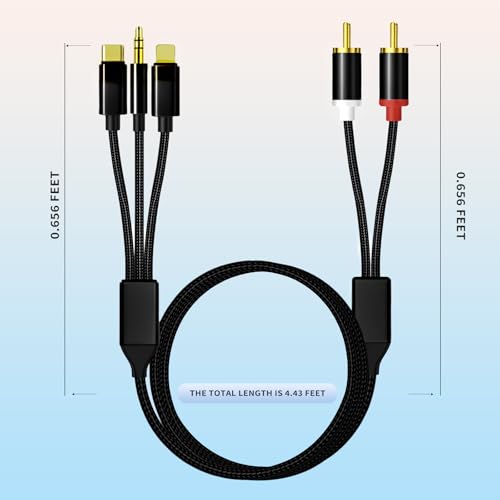 Lightning to RCA Cable Audio Auxiliary Adapter, RCA to 3.5mm Cable, USB C to 2 RCA Audio Cable (3-in-1 Audio Cable) for Power Amplifier, Car, Home Theater, Speakers, etc. (Lightning Compatible) - size: 4.2FT