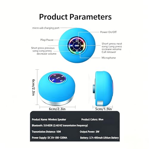 Mini Bluetooth Shower Speaker Blue, Silicone Suction Cup Portable Speaker with LED Lights, IPX4 Waterproof, Built in Mic, for Bathroom Kitchen Outdoors, Ideal Gifts (Blue) - color: Blue