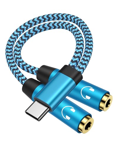 Headphone Splitter for 2 Headphones, USB C to Dual 3.5mm Headphone Splitter | USBC Audio Adapter for iPhone 17 16 15 Pro Max Google Pixel 10 Samsung Galaxy S26 S25, Audio Jack Splitter Earphone Connector - color: Blue