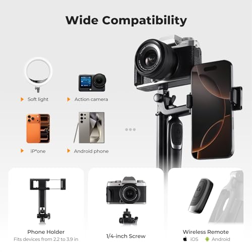 K&F CONCEPT 69" Auto Open Selfie Stick with 4 Legs & Stabilizing Handle | Phone Tripod, 360° Rotation Cell Phone Tripod Stand with Remote Control, Compatible with iPhone Osmo Pocket 4/3, A702