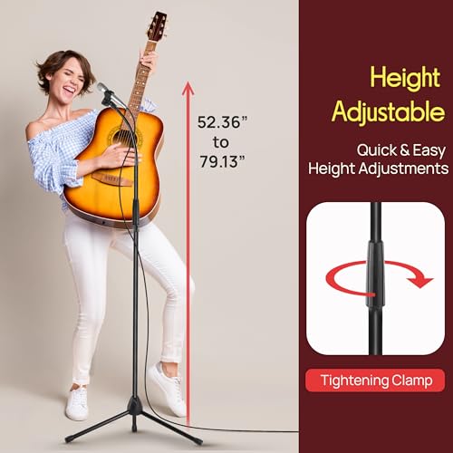 Pyle Tripod Mic Stand, Adjustable Gooseneck Microphone Stand, Sturdy Build, Non-Slip Rubber Feet, Folds Flat for Compact Storage, Includes Mic Clip & 5/8" Adapter, 52.36" to 79.13" Inch