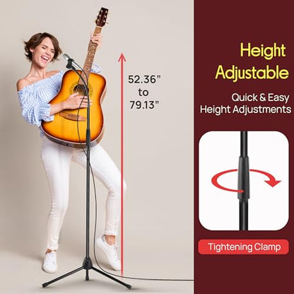 Pyle Tripod Mic Stand, Adjustable Gooseneck Microphone Stand, Sturdy Build, Non-Slip Rubber Feet, Folds Flat for Compact Storage, Includes Mic Clip & 5/8" Adapter, 52.36" to 79.13" Inch