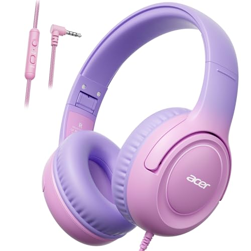 Acer Kids Headphones for School, 85-94dB Limiter, 3.5mm Jack, w/Mic HK03 | Foldable Wired Over Ear Headphones, for Toddler School/Travel/iPad/Tablet, Pink-Purple Gradient - color: Purple-Pink Gradient