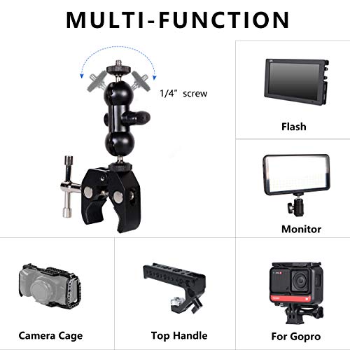 Cool Dual Ball head Magic Arm Adapter Camera Clamp Mount Super Clamp with 1/4 and 3/8 Thread, for DSLR Camera Rig, LED Light, Flash Light, Action Cam, 2Pack