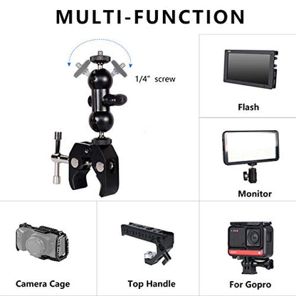 Cool Dual Ball head Magic Arm Adapter Camera Clamp Mount Super Clamp with 1/4 and 3/8 Thread, for DSLR Camera Rig, LED Light, Flash Light, Action Cam, 2Pack