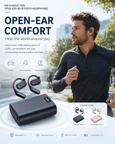 Air Conduction Open-Ear Bluetooth Headphones Wireless Sports Headphones with Mic, Lightweight Open-Ear Earbuds, Sweat Resistant Secure Fit Headset for Running Cycling Gym Walking(Black-1pc) - color: Black-1pc