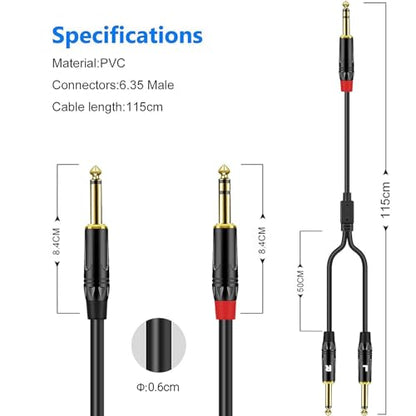 Audiowave 1/4 inch TRS Stereo Y Splitter Insert Cable, Gold Plated - 6.35mm to Dual 6.35mm TS Male Mono Breakout Cable, Audio Cord (6.6FT / 1PACK) - size: 6.6FT