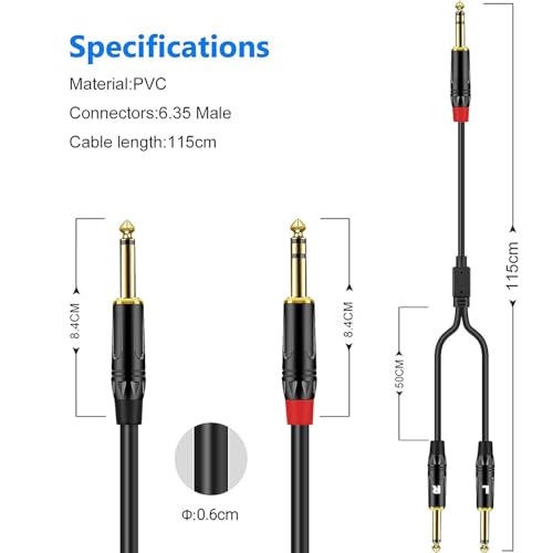 Audiowave 1/4 inch TRS Stereo Y Splitter Insert Cable, Gold Plated - 6.35mm to Dual 6.35mm TS Male Mono Breakout Cable, Audio Cord (6.6FT / 1PACK) - size: 6.6FT
