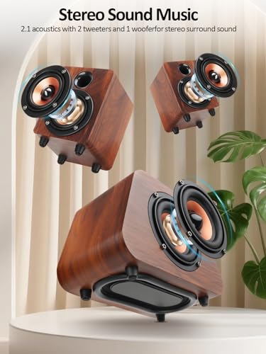 Computer Speakers, Mini PC Speaker with subwoofer,2.1 USB Powered Desktop Speakers, Bluetooth 5.0 and RCA Input pc Speakers for Desktop, Laptops, Phonograph, Phones, Tablets(K02) (Brown)