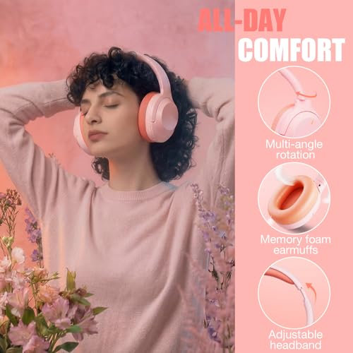 Upgraded Pro‑level Hybrid Active Noise Cancelling Headphones, HD Sound & Big Bass, 2X Softer Comfort, Long ANC Playtime, Wireless Over-Ear Bluetooth Headphones Perfect for Home Office|Travel|Pair - color: Pink