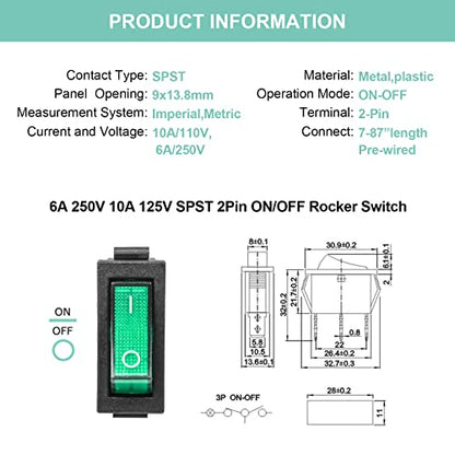5Pcs Green LED On/Off 3Pin 2Position Mini Boat Rocker Toggle Switch - color: Green, size: AC 250V/15A 125V/20A - Not Pre-Wired