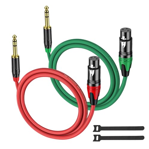 XLR Female to 1/4 (6.35mm) TRS Mono Jack Cable 3.3 FT, 2 Pack, Red and Green, for Dynmic Microphone, Balanced 3 Pin XLR to TRS Plug Mic Cord, Plated Conductors - size: 3.3 FT, style: XLR Female to 1/4"