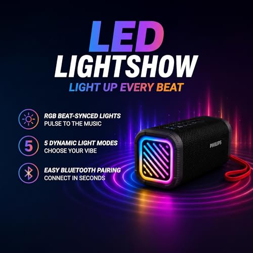 PHILIPS Portable Bluetooth Speaker, Wireless Stereo Sound Party Speaker with Deep Bass, IPX5 Waterproof, 20 Hour Playtime, Auracast & TWS Pairing, USB Playback, Bluetooth 5.4 for Outdoor & Indoor Use