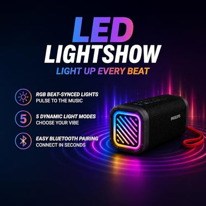 PHILIPS Portable Bluetooth Speaker, Wireless Stereo Sound Party Speaker with Deep Bass, IPX5 Waterproof, 20 Hour Playtime, Auracast & TWS Pairing, USB Playback, Bluetooth 5.4 for Outdoor & Indoor Use
