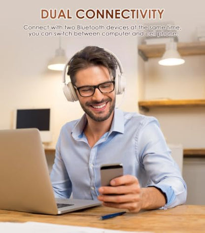 Soothielec Wireless Headset, Bluetooth Headset with Noise Cancelling Microphone, Best Headphones with Mic Mute & USB Dongle for PC/Computer/Laptop/Cell Phones/Remote Work/Call Center (Beige)