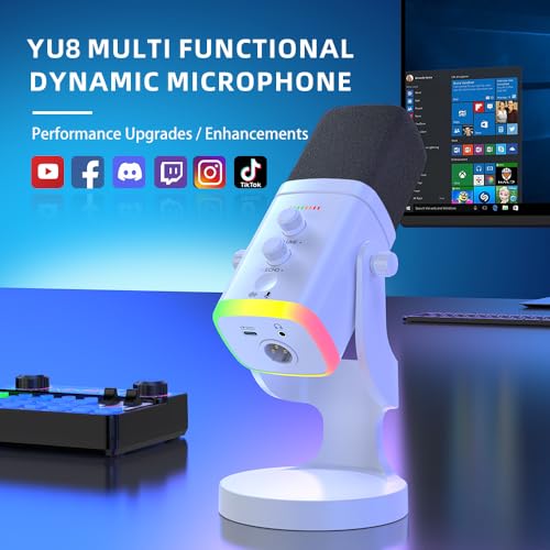YU8-white Dynamic Microphone - USB/XLR RGB Mic with Echo Adjustment, Mute Key & Monitoring Jack, Desktop Microphone for PC Gaming, Streaming & Chat - color: YU8 desktop