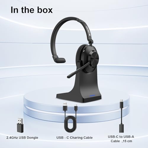 Voistek Wireless Headset with Mic for Work, Single Ear Headset with Charge Stand for Remote & Office, Bluetooth 5.3 & USB 2.4G Dongle for Windows, Mac, Chrome, Linux, iOS, iPadOS, Android