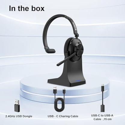 Voistek Wireless Headset with Mic for Work, Single Ear Headset with Charge Stand for Remote & Office, Bluetooth 5.3 & USB 2.4G Dongle for Windows, Mac, Chrome, Linux, iOS, iPadOS, Android