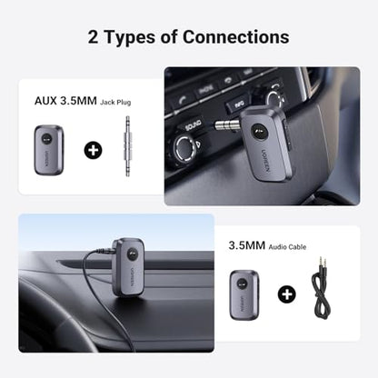 UGREEN 5.4 Aux Bluetooth Adapter, Noise Cancelling 3.5mm AUX Bluetooth Car Adapter, Wireless Audio Receiver for Home Stereo/Wired Speaker, 15H Battery Life - color: Grey
