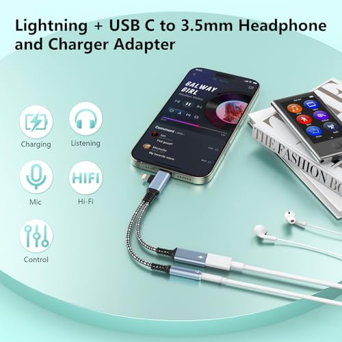 2-in-2 Lightning & USB C to 3.5mm Aux Audio Jack Headphone+Type-C Charge Cable Splitter,Earphone Converter Adapter for Music+Charge Power+HiFi for iPhone14 13 12,iPad,Samsung【Apple MFi Certified】-Gray