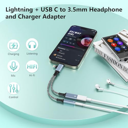 2-in-2 Lightning & USB C to 3.5mm Aux Audio Jack Headphone+Type-C Charge Cable Splitter,Earphone Converter Adapter for Music+Charge Power+HiFi for iPhone14 13 12,iPad,Samsung【Apple MFi Certified】-Gray
