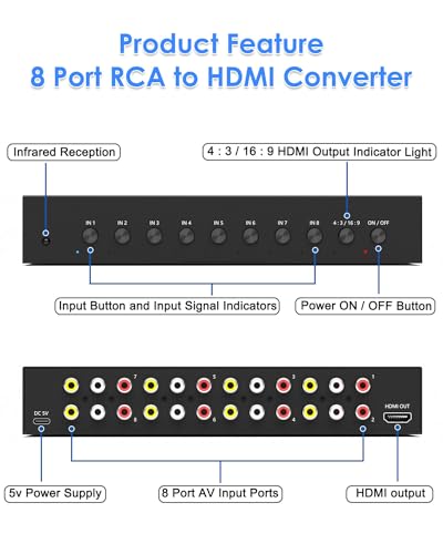 8 Port RCA to HDMI Converter, Dual AV to HDMI Converter Supports 16:9/4:3 Composite to HD MI Adapter Support 1080P PAL/NTSC Compatible with Sega/Xbox/PS1/PS2/PS3/WII/N64/VHS, VCRs, and DVD Players - size: 8 Port RCA to HDMI Converter