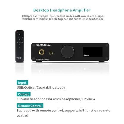 SMSL C200PRO USB DAC Headphone Amplifier ES9039Q2M Chip MQA MQA-CD Decoding | XMOS XU-316 32bit/768kHz DSD512 USB/Opt/Coaxial/Bluetooth Input 6.35mm/4.4mm/TRS/RCA Output for Gaming Console/PC