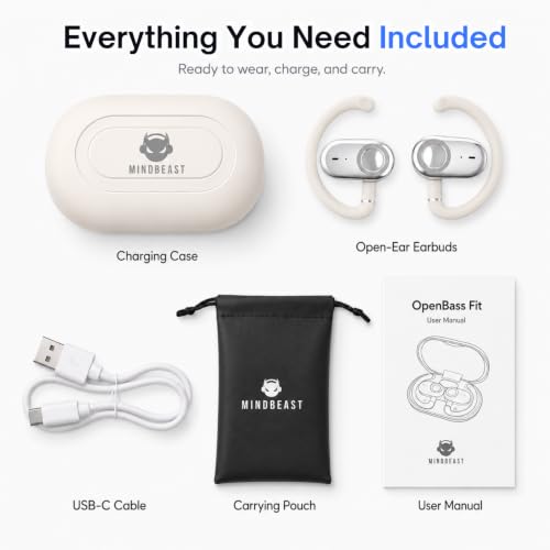 Open Ear Earbuds Bi-Axial Custom Fit Immersive Sound Wireless Headphones | Over The Ear Bluetooth Ear Buds Waterproof Long Battery for Running Outdoor Sports Travel Conference - OpenBass Fit White - color: Cream White