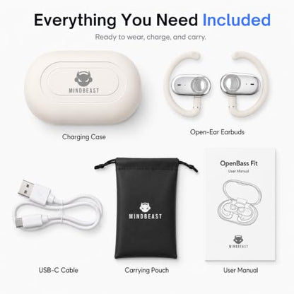Open Ear Earbuds Bi-Axial Custom Fit Immersive Sound Wireless Headphones | Over The Ear Bluetooth Ear Buds Waterproof Long Battery for Running Outdoor Sports Travel Conference - OpenBass Fit White - color: Cream White