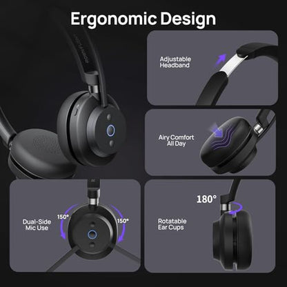 Wireless Bluetooth Headset with Mic for Work, Noise Cancelling & USB Dongle