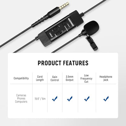 NEEWER 3.5mm TRRS Lavalier Lapel Microphone Plug & Play Mini Clip on Mic Omnidirectional Condenser for Camera Phone PC, Low Frequency Cut, Gain Control, Monitoring Headphone Jack, CM10 - style: CM10(1-Pack)w/3.5mm TRRS Plug