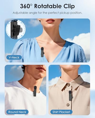 Wireless Mini Microphone for iPhone, iPad, Android, 2 Pack Lavalier Mic with 360° Rotatable Clip, Plug and Play Noise Reduction USB-C Mic for Video Recording YouTube TikTok Podcast Content Creators