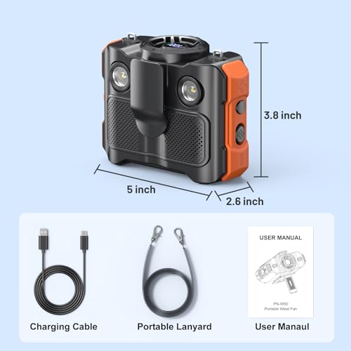 Portable Waist Fan 4-in-1, 16000 RPM Max 5-Speed Rechargeable Clip-On Fan with Bluetooth Speaker, Emergency Power Source 8000mAh, LED Light, Digital Display for Travel Camping Office