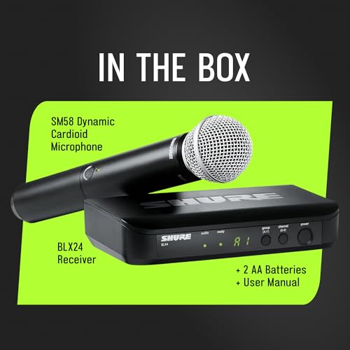 Shure BLX24/SM58 Handheld Wireless Audio System J11 Band (596–620 MHz) – BLX4 Receiver, BLX2 Transmitter with SM58 Dynamic Mic, Up to 14 Hr Battery, 300 ft Range | BLX4 Receiver, BLX2 Transmitter with SM58 Dynamic Mic, Up to 14 Hr Battery, 300 ft Range -