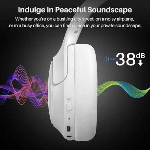 TOZO Hybrid Active Noise Cancelling Headphones, Hi Res Audio | Wireless Over Ear Bluetooth Headset, 60H Playtime, Custom EQ via App Deep Bass Comfort Fit Ear Cups, for Home Office Travel - color: White