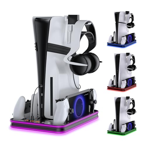 Stand and Cooling Station for PS5/PS5 Slim/PS5 Pro with RGB LED Controller Charging Dock Accessories, Charger for PlayStation 5 Controller and PS Portal Console Headset and Remote Holders (Black) - color: Black