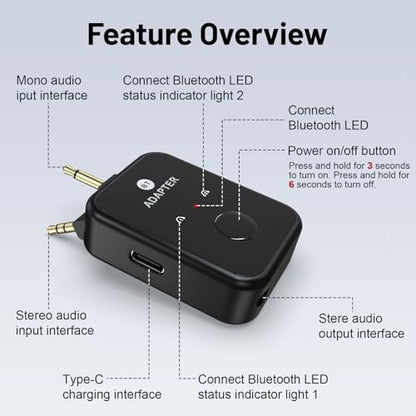 Airplane Bluetooth 5.3 Transmitter Adapter, 3.5mm to Dual Bluetooth Audio Converter, Wireless Hi-Fi Transmitter Receiver for Headphones, Speakers, TV, Switch, PC, Car, Flight, Support 2 Headphones