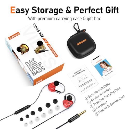 Audiovance Vibes 202M HiFi Wired Earbuds in-Ear Monitor Headphones with Mic - color: 3-Red