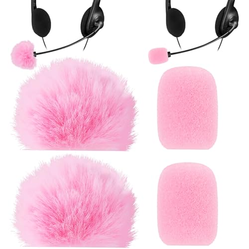 4Pcs Mini Foam Microphone Windscreens＆Furry Cover, Mic Headset Cover | Pink High Density Lapel Microphone Windscreen for Lavalier Microphones Noise Reduction (2pcs Foam + 2pcs Furry) - color: Pink,Foam(2pcs),Furry(2pcs)
