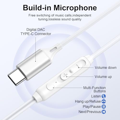 Wired Earbuds USB C Headphones for iPhone 17e 17 Pro Max Air 16e 16 Plus 16 Pro Max 15,Wired in-Ear Earphones USBC iPhone 17 Ear Buds with in-Line Microphone Call Control for Samsung S26 Ultra S25 FE - color: White