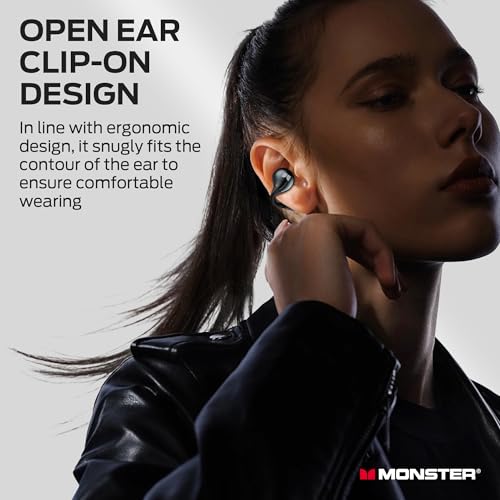 Monster Open Ear AC600 Headphones, Bluetooth 5.4 Wireless Earbuds with HiFi Stereo, Clip-On Earbuds with ENC Clear Call, 21H Playtime, IPX6 Waterproof Wireless Headphones for Outdoor Exercise,Black