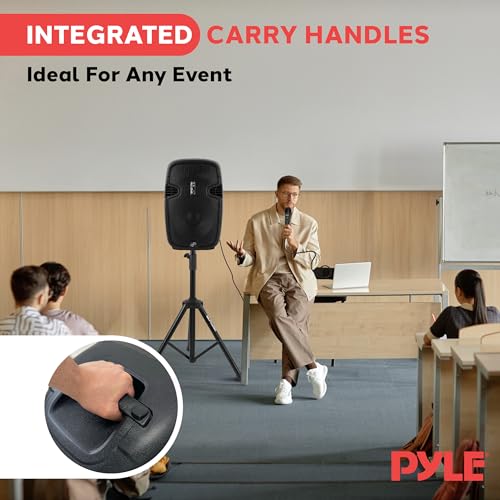 Pyle PPHP155ST Wireless Portable PA Speaker System - 1500W High Powered Bluetooth Compatible Active Outdoor Sound Speakers w/ USB SD MP3 RCA - 35mm Mount, Stand, Microphone, Power Cable, Black, 15"